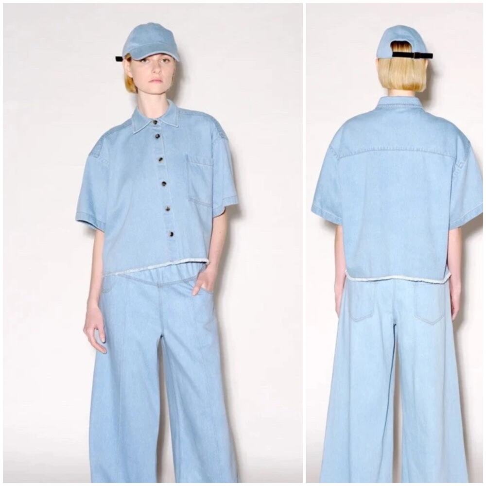 Rosetta Getty $730 Cropped Denim Shirt Mid Blue Wide Boxy fit